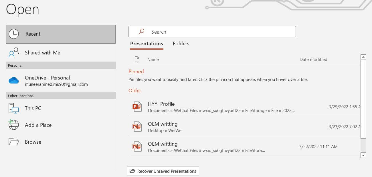 powerpoint recover saved presentations