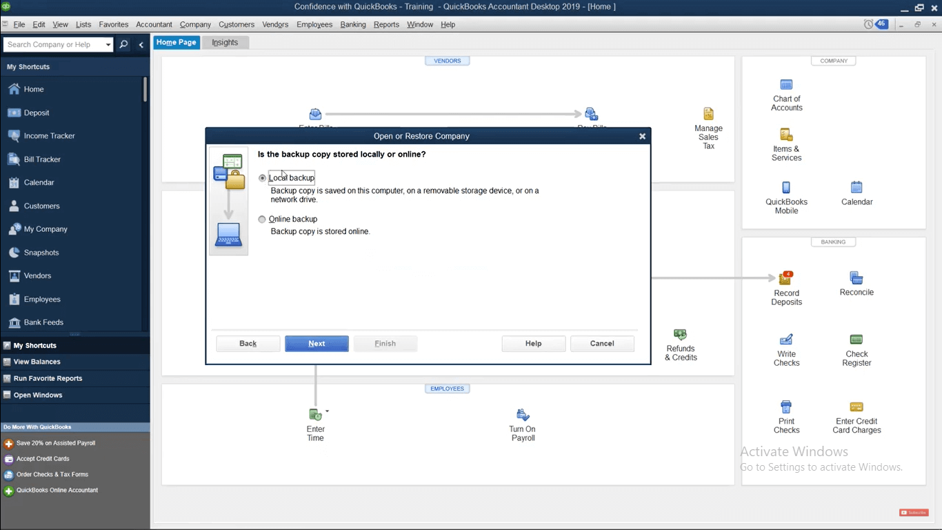quickbooks select the local backup option