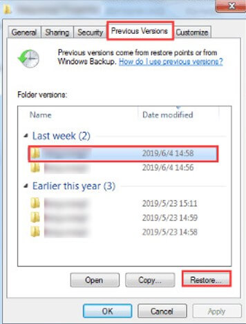 recover files via previous version