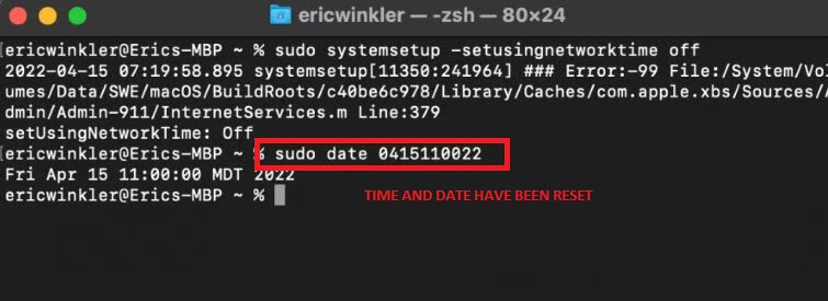 reset time on the terminal mac