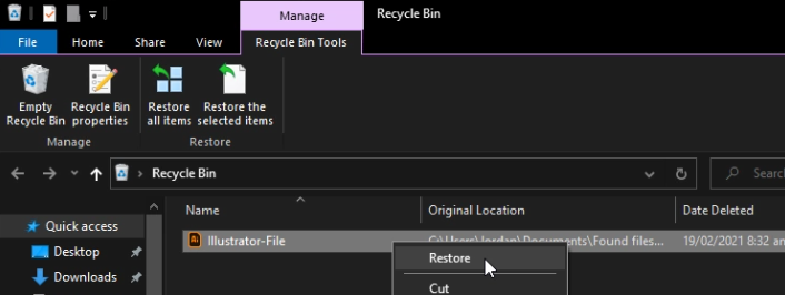 restore ai from recycle bin