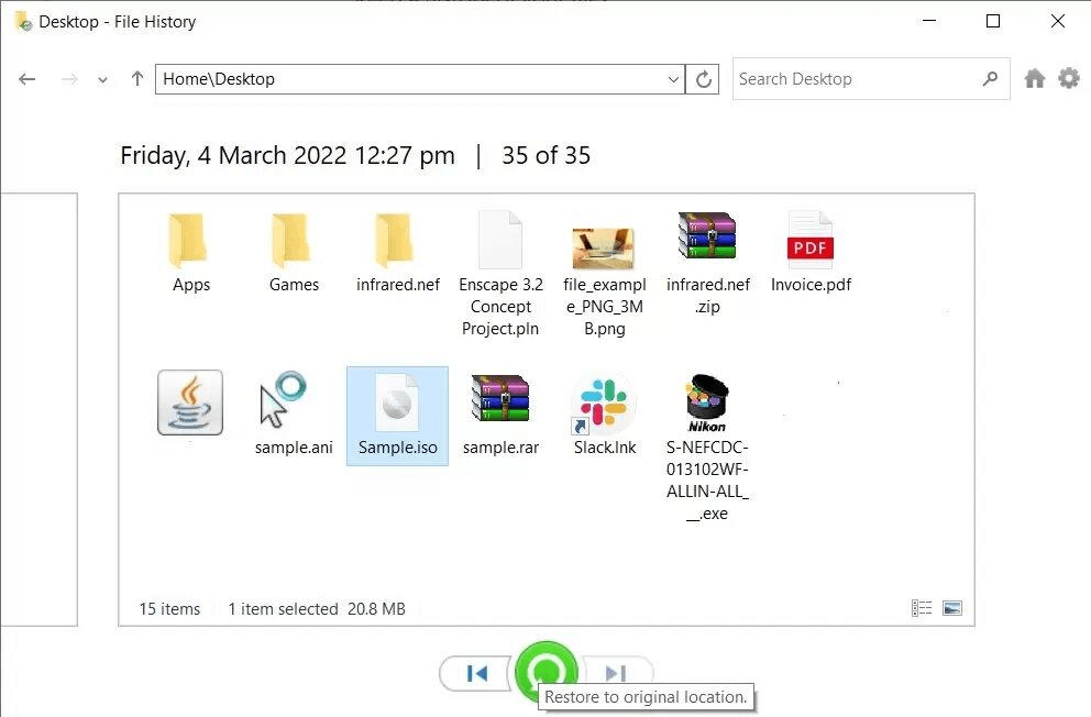 restore deleted iso files from file history