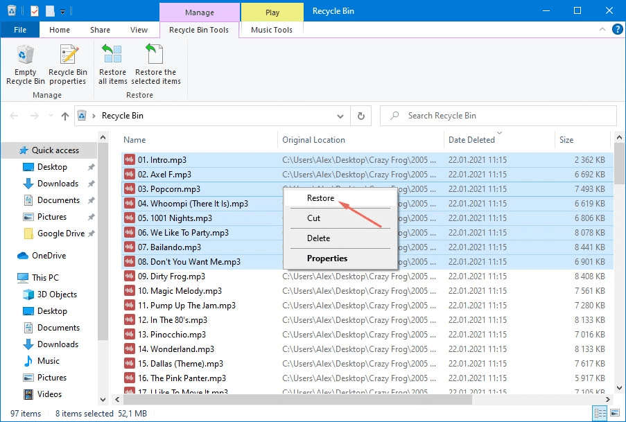 retrieve deleted music from the recycle bin