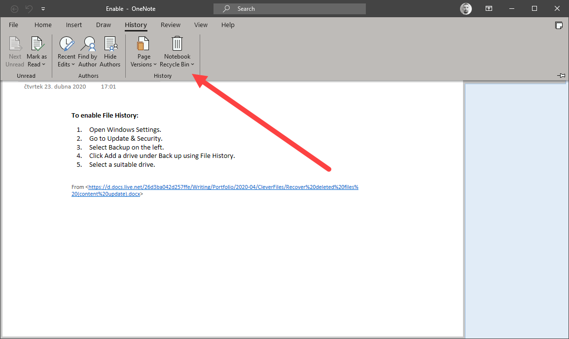 select OneNote recycle bin