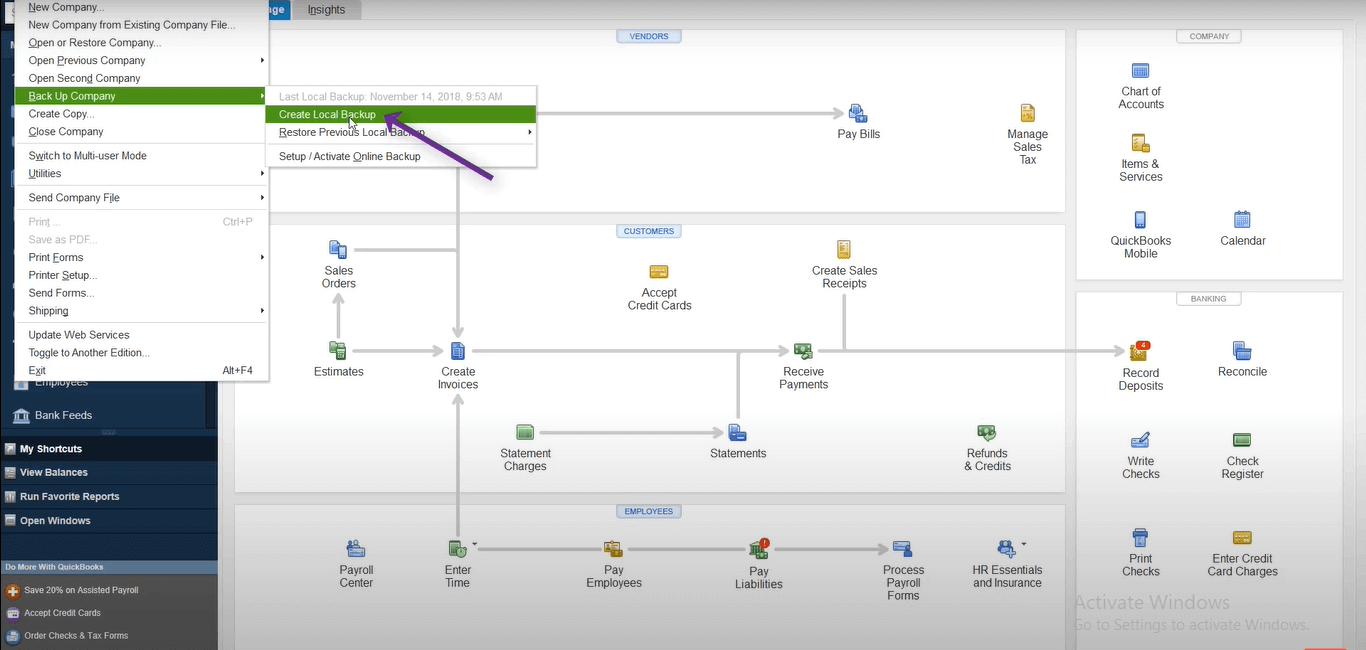 select the local backup option