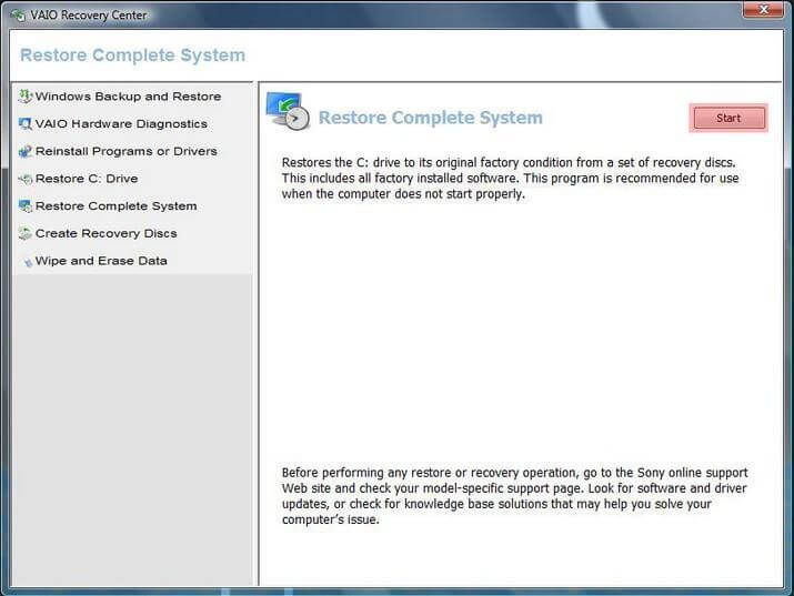 select the restore complete system