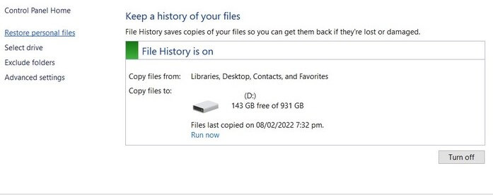 select the restore personal files link