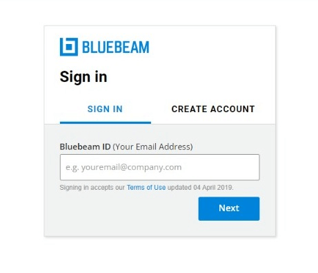 sign in the Bluebeam account