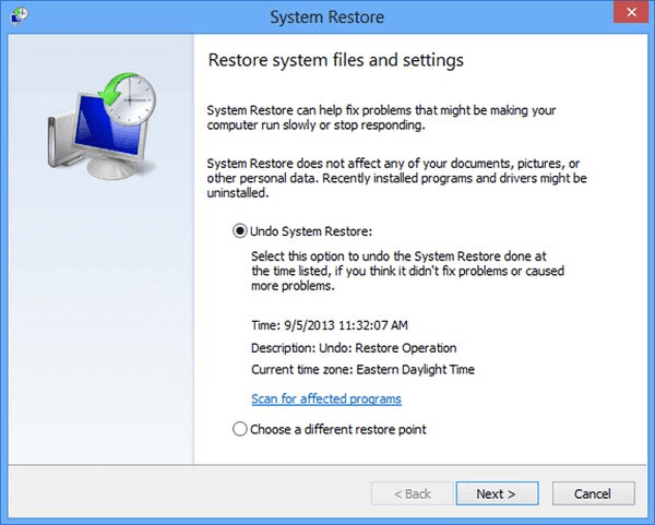 undo system restore onwindows 8