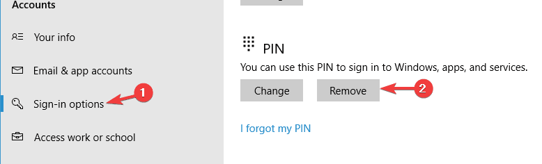 remove pin to sign in