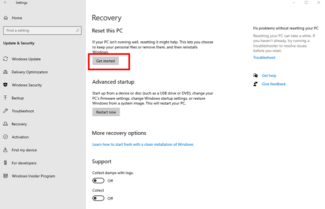 Windows setting reset pc