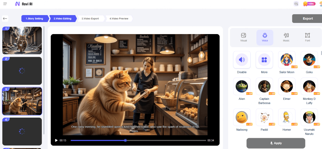 edit cat video on novi ai