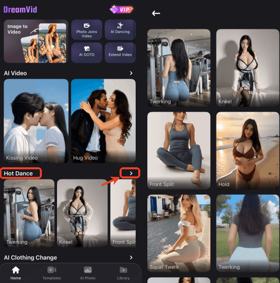 navigation to hot dance on dreamvid app
