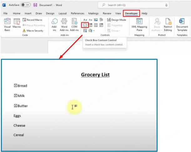 how to insert checkbox in word-step2 