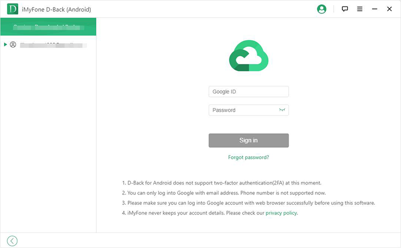 iMyFone D Back for Android login to google account