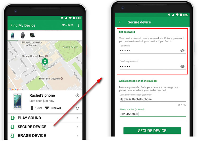 Unlock function of Google Find My Device app