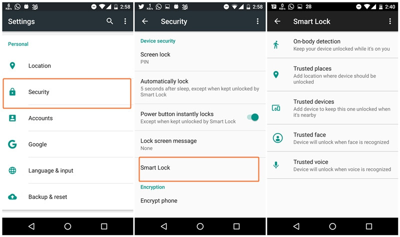 Android smart lock optios