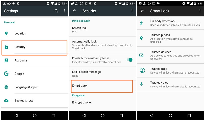 Google Smart Lock for Android options