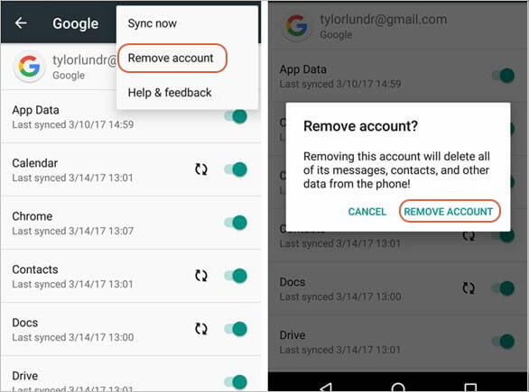 delete an google account with password