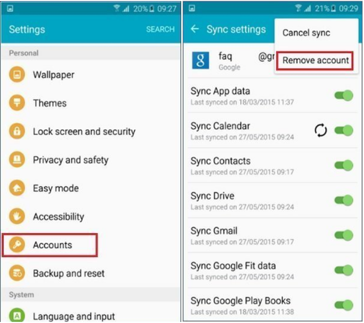 remove account on your Samsung device