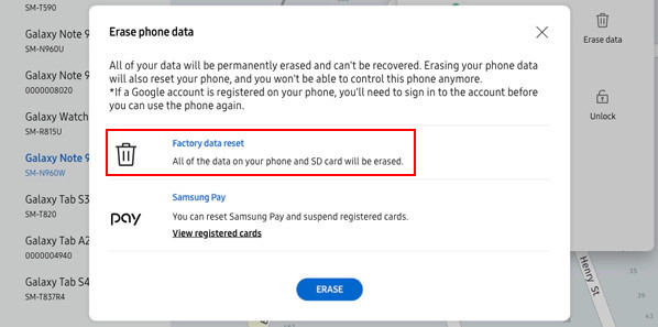 Factory reset data on Android phone with Samsung Find My Mobile