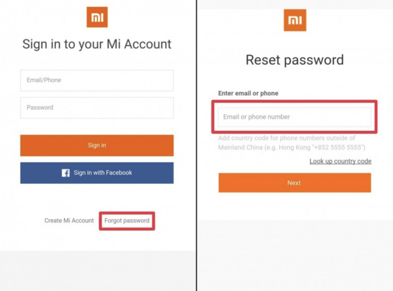 reset Mi account password