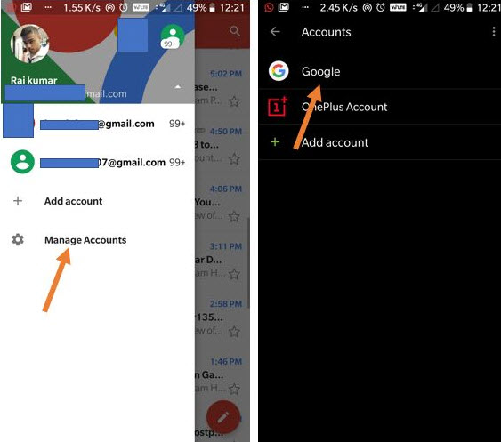 Manage google account. Delete gmail account from Android.