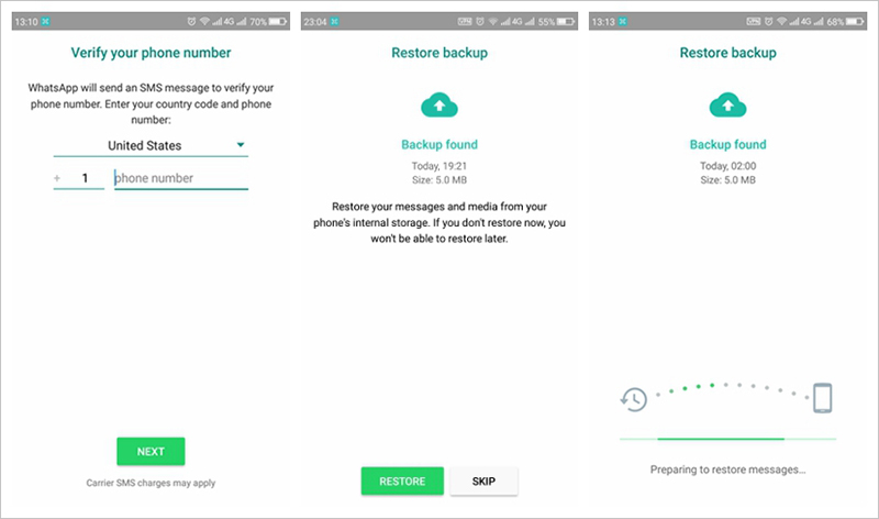 restore whatsapp data from Android