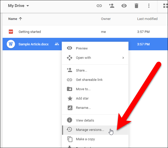 click manage versions on google drive