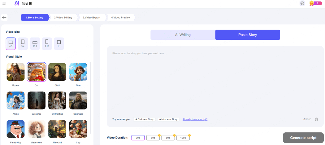 enter story on novia ai