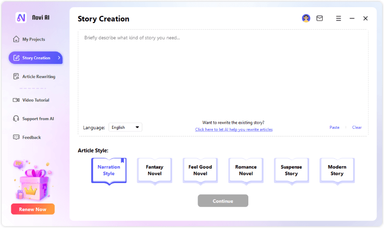 novi ai story creation page 