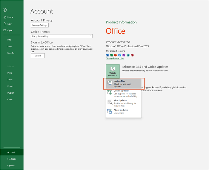 update excel now