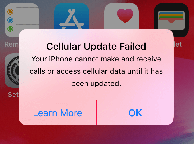 Update required to use cellular data Error