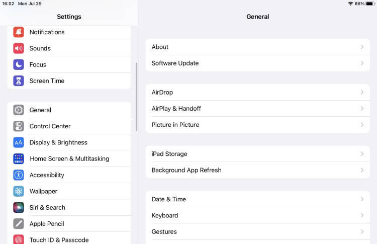 check for ipad softwae update in settings