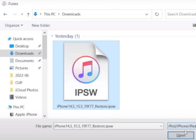 choose ipsw file from computer