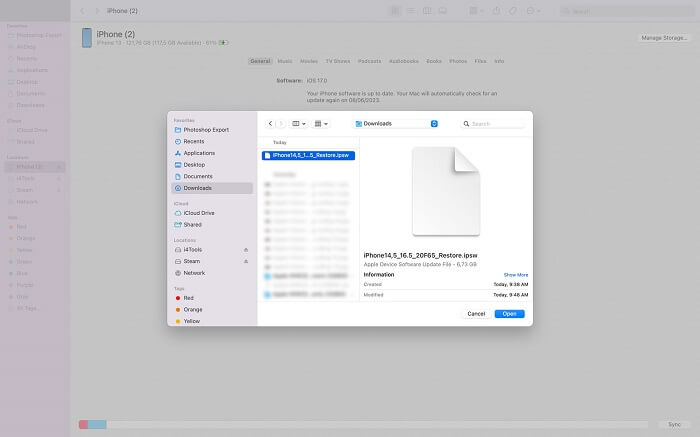 choose the ipsw file from the window