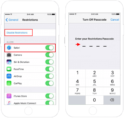 disable restrictions on safari