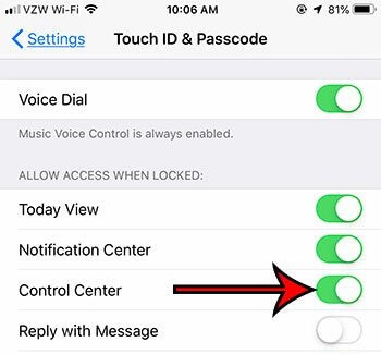 enable control center on lock screen