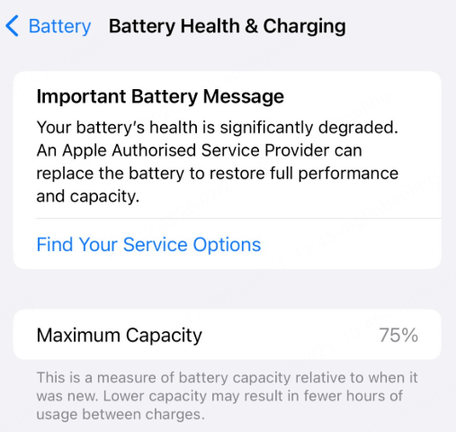 iphone battery health charging screen