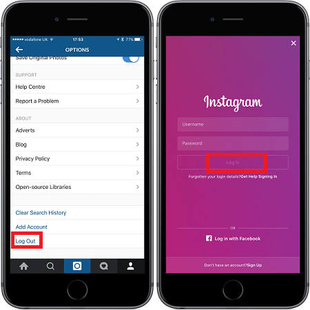 log out nad log in instagram