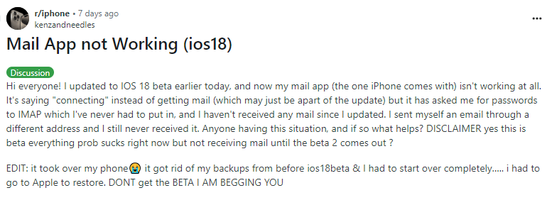mail app not working iOS 18