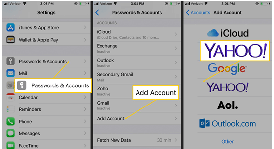 readd yahoo mail account on iphone
