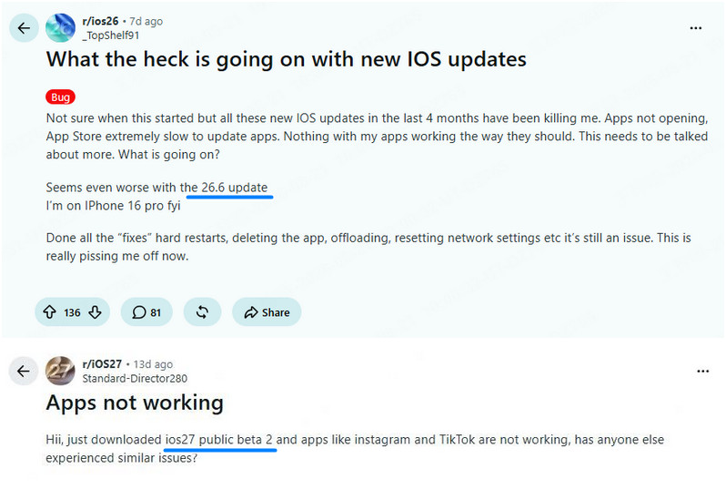 reddit user report about apps not working after update