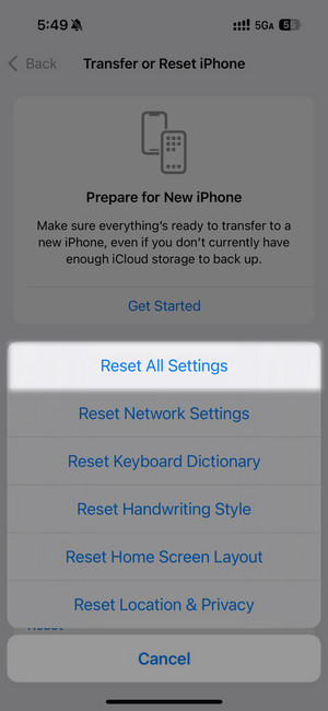 reset all settings