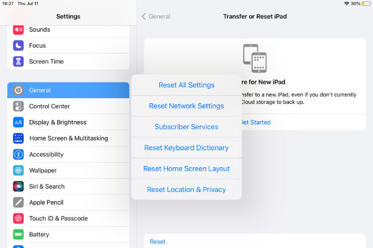 reset all settings from ipad