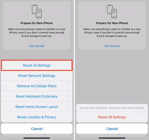 reset all settings of iPhone