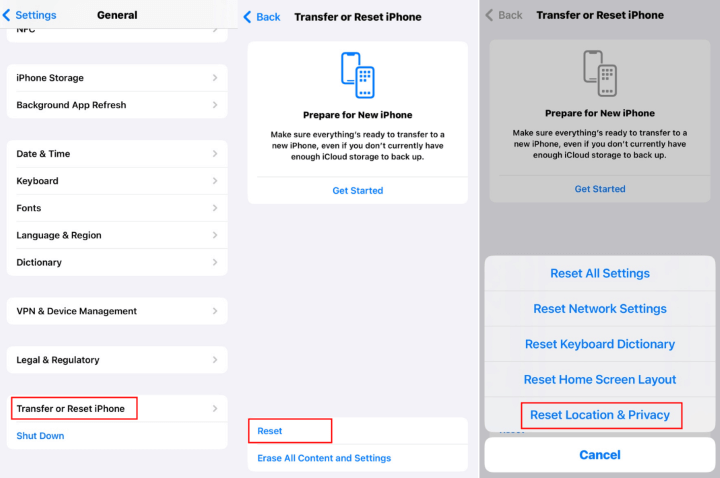 reset location and privacy in settings