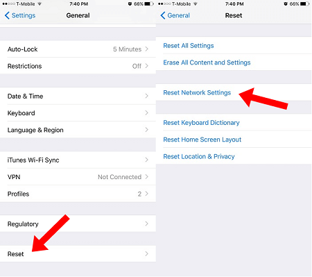 reset network setting iphone