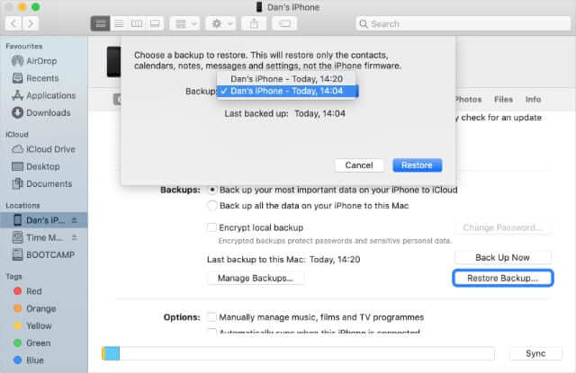 restore iphone backup from itunes