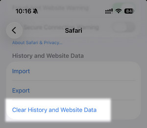safari clear history and website data